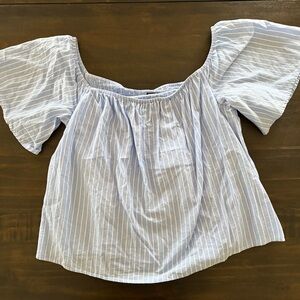 Express Light Blue and White Striped Off-Shoulder Short Sleeve Blouse